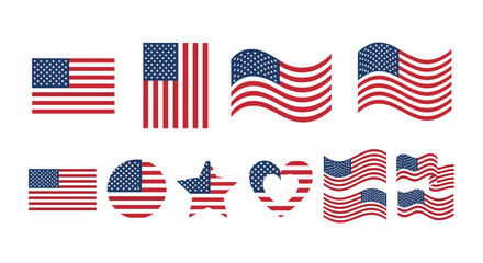 Collection of american flag icons in various shapes and styles, including waving flags, heart, star, and circle designs