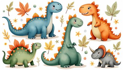 Cute watercolor dinosaurs depicted in playful poses with autumn leaves. Collection of adorable prehistoric creatures, flora in vibrant colors. Whimsical animals perfect for children themed projects.