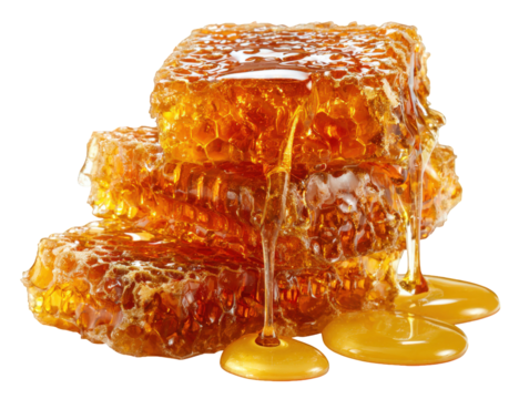 A stack of honeycomb with honey dripping from it