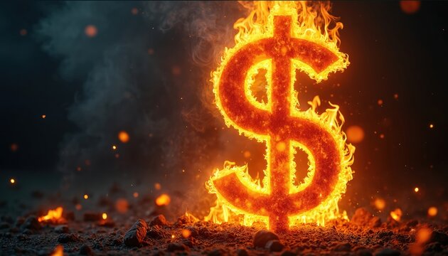 Fiery dollar sign symbol burns in flames on dark background. Visual concept of financial loss or market crash is shown. Economic crisis concept illustration.