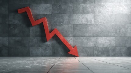 Stunning photo of crimson arrow descends on gray tiled wall, floor. Abstract 3D diagram demonstrates innovative economic decline. Recession illustration financial crisis, loss.