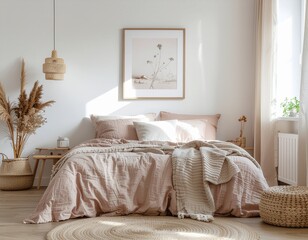 Soft pastel bedroom scene with poster frame above bed, blush and cream tones, linen bedding, sunlight filtering through curtains, calm atmosphere, aesthetic cozy room
