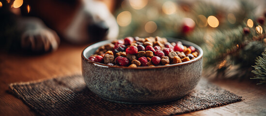 Christmas-themed image featuring a bowl of pet food with colorful kibble and treats. Surrounded by festive decorations and warm lighting on a wooden table. Image made using Generative AI.