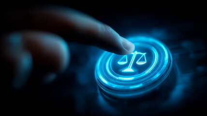 Finger touching a digital justice icon to convey legal services, compliance responsibilities and ethical governance.
