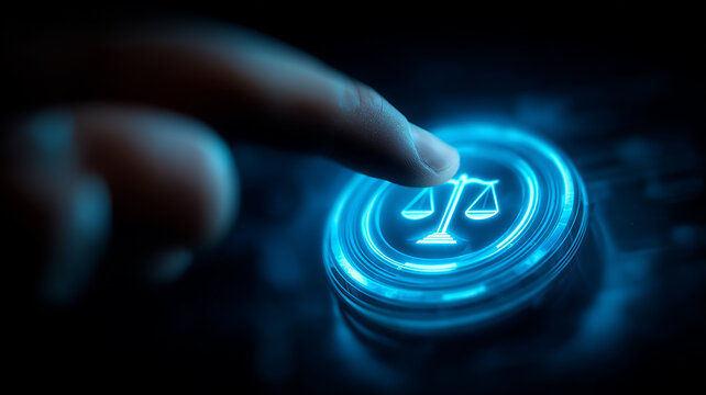 Finger touching a digital justice icon to convey legal services, compliance responsibilities and ethical governance.
