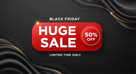 Embrace the electrifying spirit of Black Friday! A captivating, high-impact advertisement declares a HUGE SALE with an enticing 50% OFF offer for a limited time. vector illustration