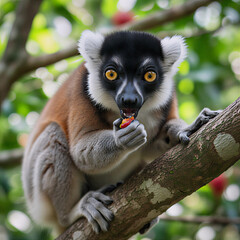 Naklejka premium Black and white ruffed lemur eating red berries while perched on a tree branch