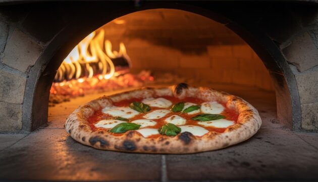 A pizza margherita baking in a traditional wood fired oven with melted cheese and basil leaves glowing in warm light representing Italian cuisine and authentic flavor