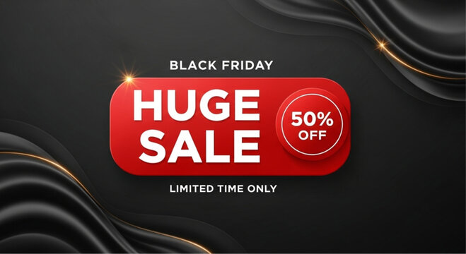 Embrace the electrifying spirit of Black Friday! A captivating, high-impact advertisement declares a HUGE SALE with an enticing 50% OFF offer for a limited time. vector illustration