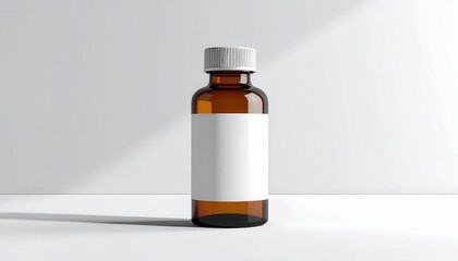 Minimalist brown glass medicine bottle with blank white label for product design and branding mockup on light background emphasizing clean pharmaceutical aesthetics