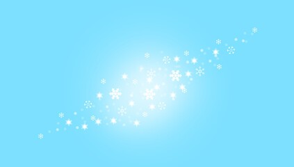 Merry Christmas card. Blue background with defocused lights, glare and bokeh. Snow and clouds in the sky with stars.