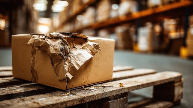 Stunning photo of damaged cardboard box on wooden pallet at warehouse. Torn parcel in logistics, broken container during shipping. Warehouse stock and delivery concept.