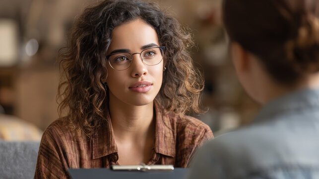 Latina Counselor Engaged in Therapy Session with Client in Warm Cinematic Setting