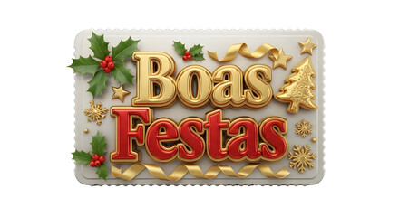 A festive card with boas festas text, holly leaves, snowflakes, and gold accents