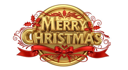 Golden merry christmas emblem with red ribbon and holly on a black background