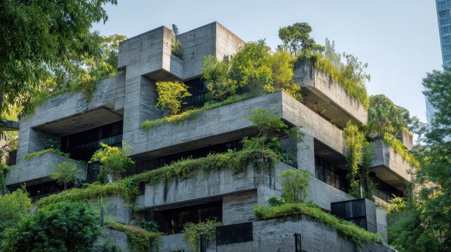 Stunning photo of gray concrete brutalist building, with green plants and trees growing on all levels and terraces, at daytime, real estate and property, eco green city concept.