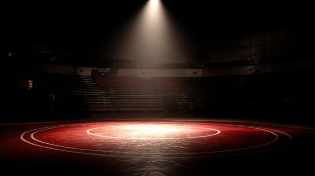 Stunning photo of spotlit Wrestling Mat in an Empty Arena.