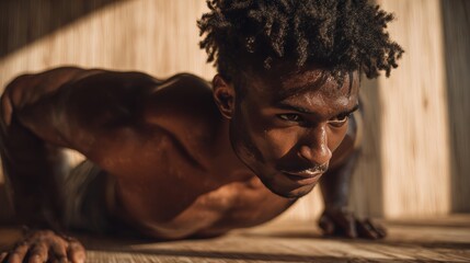 Man Performing Plank Workout in Home Gym with Warm Morning Sunlight