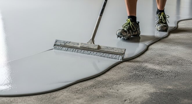 Worker Applying Self-Leveling Epoxy Resin Floor Coating with Spiked Shoes and Rake. Industrial Flooring, Construction, and Surface Refinishing.