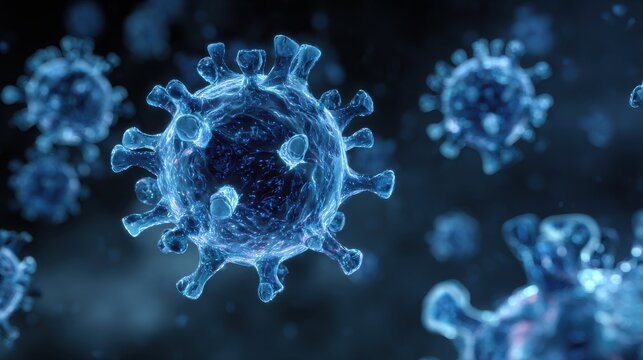 Stunning photo of microscopic enlargement of blue virus - respitory virus outbreak - floating cells in body - virus shaped as covid, influenza, sars, corona, hiv, mers, cholera.