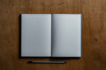Open notebook with checkered sheets and pencil on wooden texture background, closeup, top view, copy space