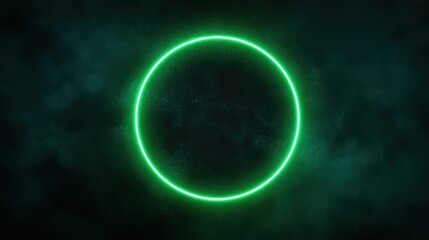 Stunning photo of green neon frame in shape of circle,consisting of several lines glowing with laser light on dark background,top view, web design concept,technology.