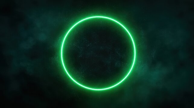 Stunning photo of green neon frame in shape of circle,consisting of several lines glowing with laser light on dark background,top view, web design concept,technology.