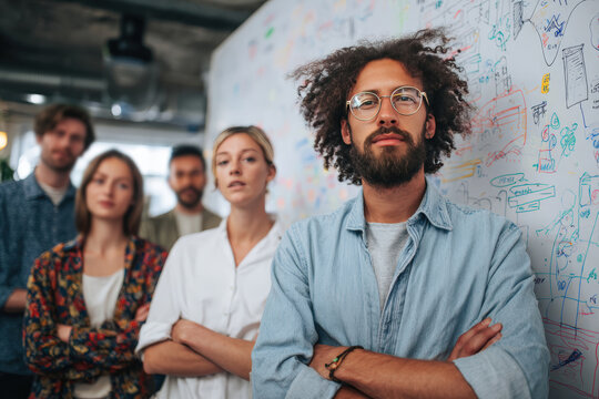 Startup Team Brainstorming in Modern Co-Working Space with Whiteboard Diagrams
