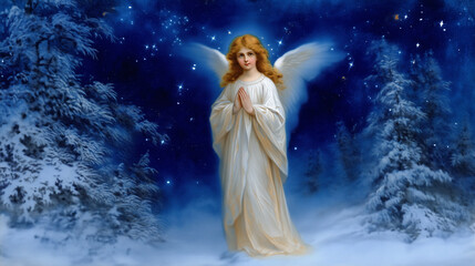 Vintage Christmas angel standing in the snow under a deep blue night sky filled with stars. The angel has golden curls, white wings, and wears a flowing cream robe while holding a