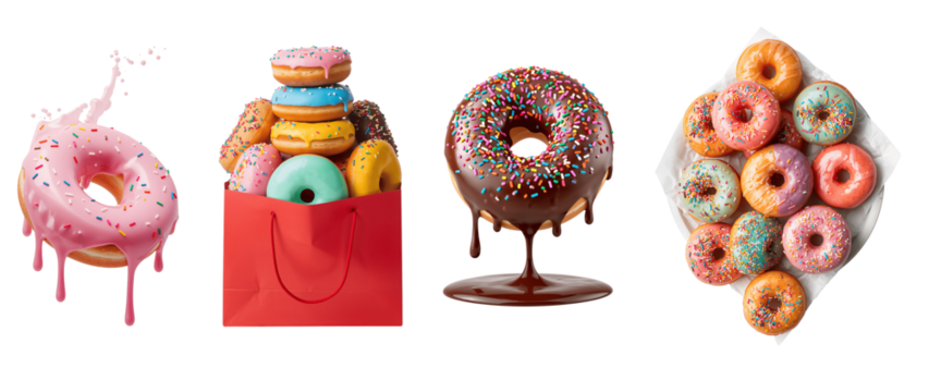 Delicious donuts with colored glaze isolated on transparent background