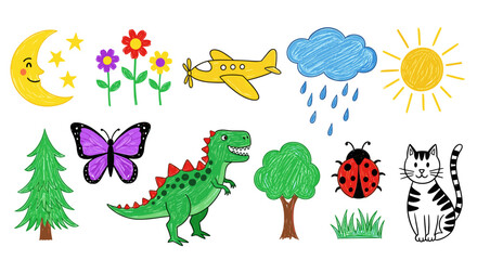 A vibrant and whimsical handdrawn illustration featuring a variety of cheerful elements, including a smiling moon, colorful flowers, and a playful dinosaur