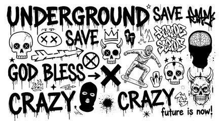 A bold and edgy graffitistyle illustration featuring a chaotic mix of skulls, words, and figures, creating a raw and urban aesthetic