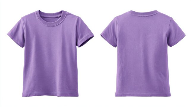 Stunning photo of blank purple kids t-shirt mockup front, back view. Isolated on white background. Studio shot of plain purple shirt. Casual attire. Empty template.
