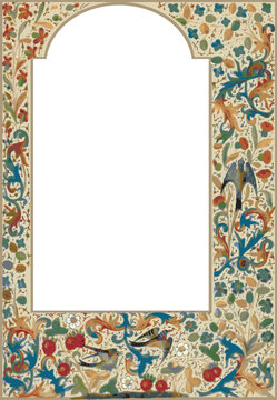 A decorative medieval-style floral manuscript border featuring intricate vines, flying songbirds, leaves, and flowers in soft blues, greens, and gold tones framing a blank parchment center.