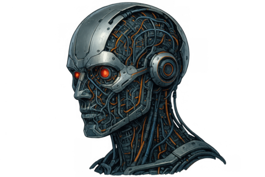 Advanced android head featuring glowing red eyes and intricate wiring, representing artificial intelligence and future technology