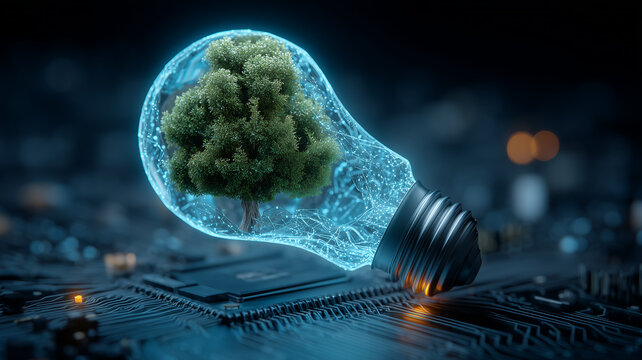 Sustainable innovation symbolized by a living tree inside a digital lightbulb resting on a circuit board, merging ecology with technology to represent green energy ideas and responsible progress.
