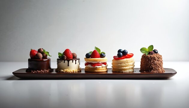 Five small cakes stand in row on brown wooden board. Cakes are decorated with glaze, fresh berries and mint leaves. Variety of sweets looks tasty, appetizing and inviting.