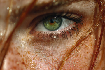 Close-up of a green eye with freckles and red hair strands