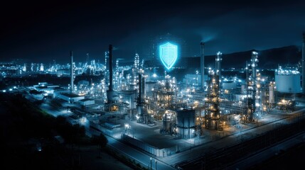 Stunning photo of industrial facility at night secured by digital shield. Cybersecurity protection visible over facility. Critical infrastructure safety concept. Modern tech.