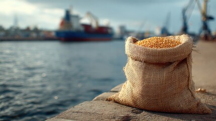 Obraz premium Stunning photo of close-up of burlap sack with golden grain on port shore. Ship visible on blurred background. Food delivery concept. Grain trade and maritime cargo transport.