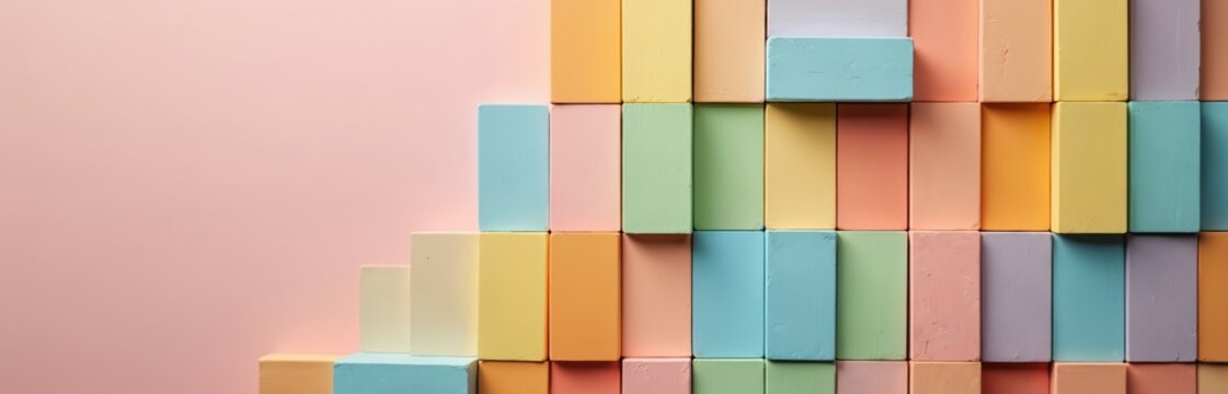 Rectangular blocks in pastel colors stacked in stepped pattern. Arrangement forms abstract composition with clean, orderly look on plain pink background. Visual conveys creativity, design, balance.