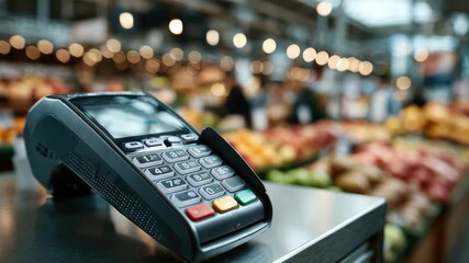 Close up of supermarket checkout belt with fresh produce and payment terminal,