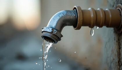 Water gushes from metal pipe fixture. Large drops also drip from brown pipe fitting nearby. Scene shows active water leakage, waste, serious plumbing issue. Highlights need for urgent repair to