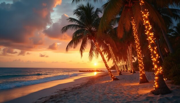 Palm trees on sandy beach decorated with glowing string lights. Warm golden sunset illuminates sky, clouds, ocean horizon. Gentle waves roll onto tropical shore. Creates peaceful, festive, romantic