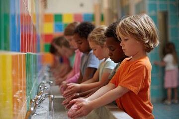 Children Practicing Hygiene by Washing Hands in Colorful School Restroom