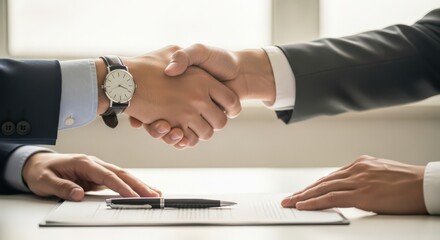 Business handshake over contract at office desk