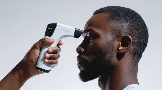 Contactless Infrared Thermometer Aiming at Forehead in Studio Shot