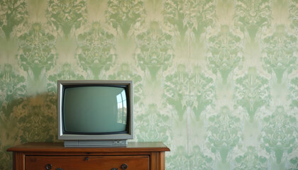 Retro cathode ray tube television sits on vintage wooden dresser against pale green damask wallpaper. This outdated appliance evokes a sense of nostalgia for past decades.