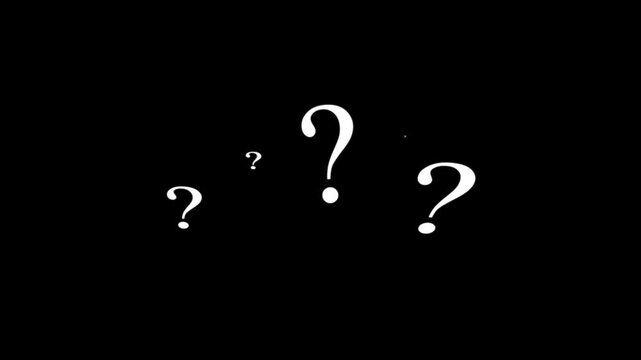 Question mark animation, pop up question mark flat and 2d black screen alpha looping 4k question mark confused dizzy. question mark floating, moving question marks questioning. alpha channel, overlay