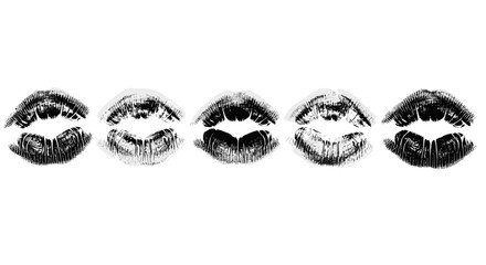 Five black lipstick kiss prints in a row symbol of love, beauty, and romance perfect for valentines day or any romantic occasion